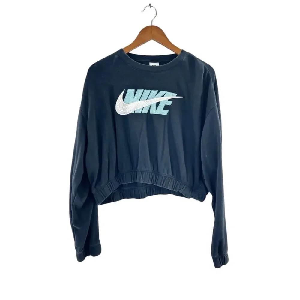 Nike Women’s Large Navy Cropped Logo Crewneck Sweatshirt Oversized Athleisure